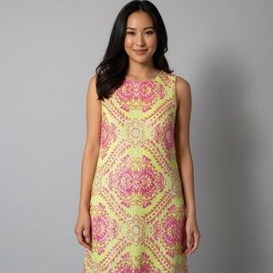 Elegant Neon Pink and Yellow Patterned Dress